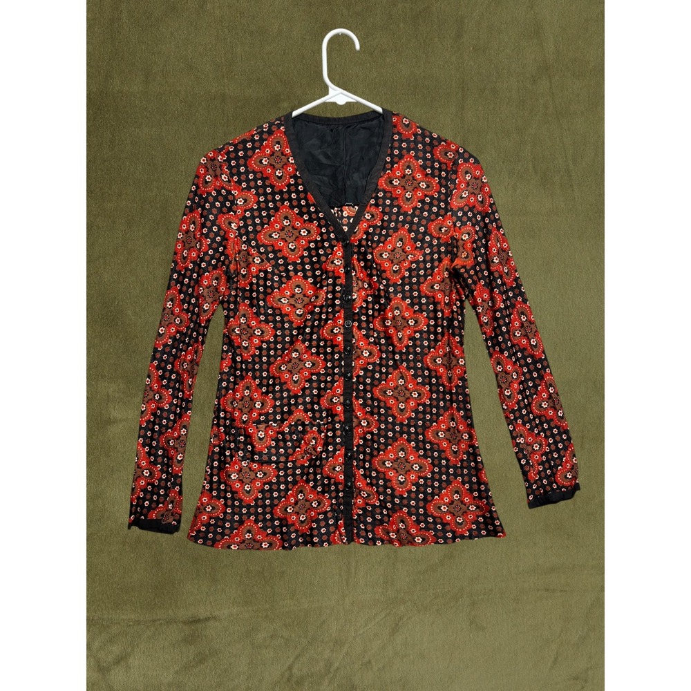 Vintage 70s Handsewn Psychedelic Paisley Button Front Top Red Orange Black M